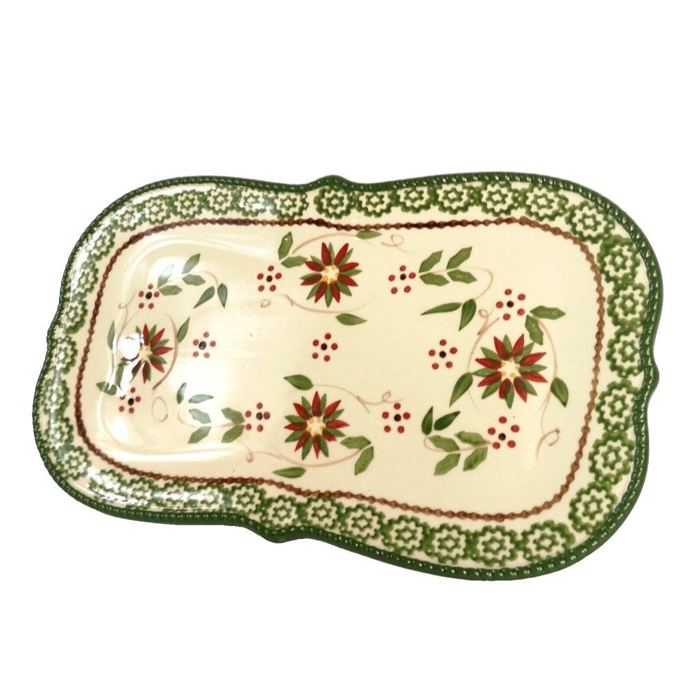 Temptations By Tara Serving Plate Old World Pattern 12"x7" green red and cream